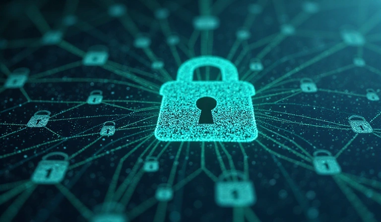 Eine abstrakte Darstellung von Datenflüssen und Schutzzonen, die Privatsphäre und Datensicherheit symbolisiert, mit einem Fokus auf digitale Barrieren und Verschlüsselung. Die Farbgebung ist beruhigend, mit Blau- und Grüntönen.