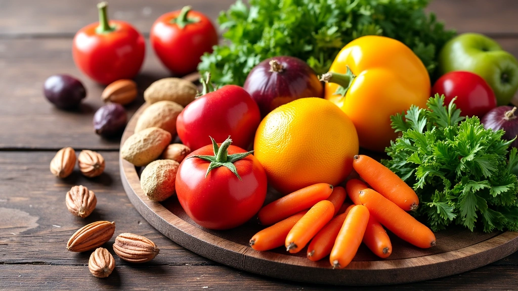 Eine bunte Auswahl an gesunden Lebensmitteln wie Obst, Gemüse und Nüsse, ästhetisch arrangiert auf einem Holztisch.